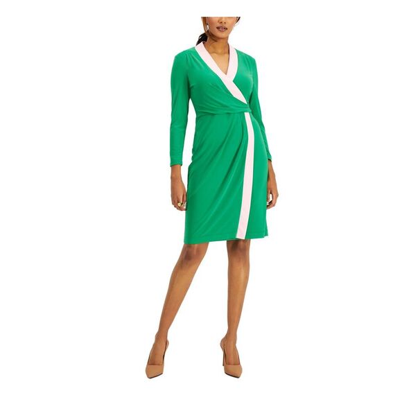 NWT KASPER DRESS Womens Green Lined Long Sleeve Above The Knee Faux Wrap Dress S - Picture 1 of 5